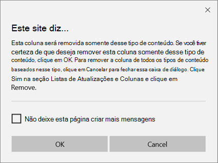 Prompt de confirmação do SharePoint ao remover uma coluna de um tipo de conteúdo do site somente para um único tipo de conteúdo