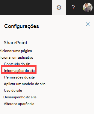 Painel de configurações aberto com informações do site realçadas.