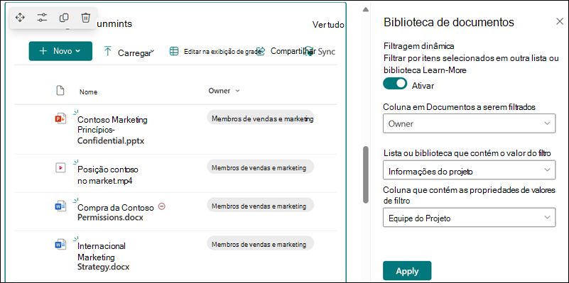Biblioteca de documentos com painel aberto para opções de filtragem dinâmica