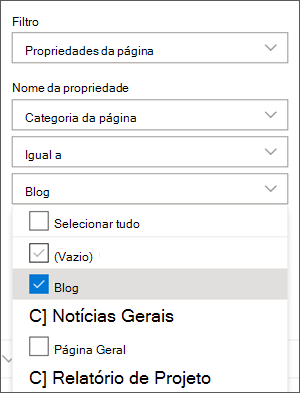 Filtro definido para Blogues no painel de peças Web Notícias
