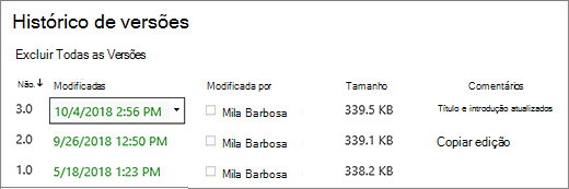 Caixa de diálogo Histórico de Versões com 3 versões.