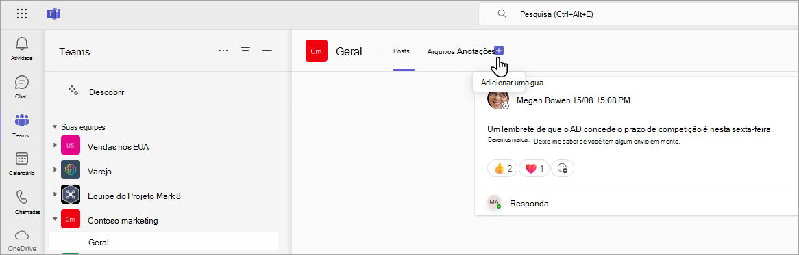 Adicionando uma guia do SharePoint ao Teams.