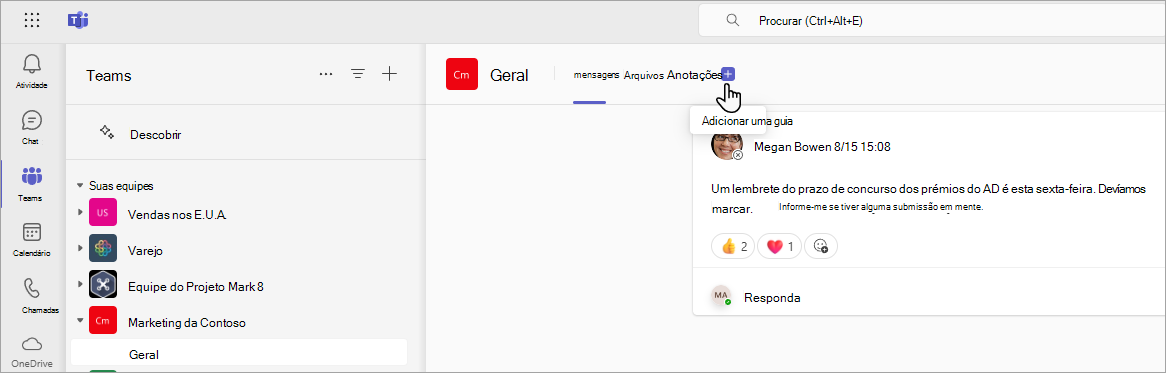 Adicionando uma nova guia no Teams usando uma URL do SharePoint.