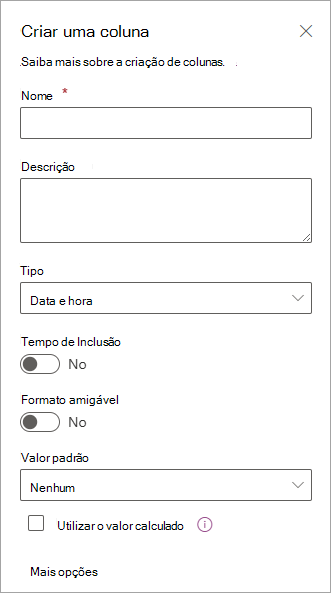 Captura de ecrã do painel Criar uma coluna que pode utilizar para adicionar colunas a listas.