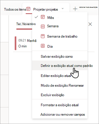 Captura de ecrã a mostrar como escolher o comando Definir vista atual como predefinição em Listas.
