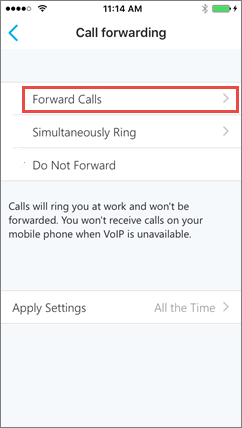 Skype for Business para o ecrã de reencaminhamento de Chamadas para iOS