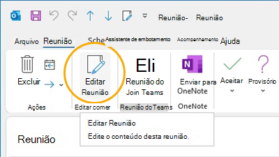 Botão Editar reunião Personalizar faixa de opções no Outlook