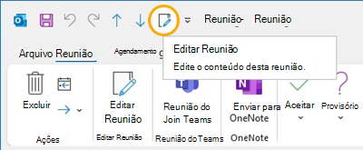 Botão Editar reunião Barra de ferramentas de acesso rápido no Outlook