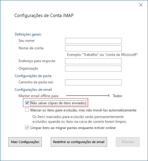 Configurações de Conta IMAP, Não salvar cópias de Itens Enviados