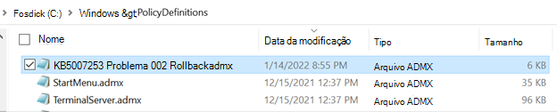 Janela definições de política
