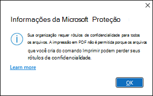 Erro de PDF de proteção de informações da Microsoft não permitido Janela
