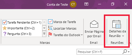 Detalhes da Reunião do OneNote na Faixa de Opções