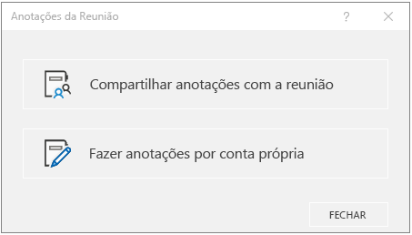 Caixa de diálogo Anotações de Reunião do OneNote
