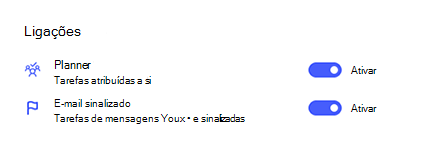 Captura de ecrã das Ligações nas Definições com o Planner e o Email Sinalizados ativado