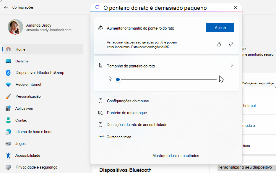 Captura de tela de Configurações mostrando uma pesquisa baseada em IA usando o agente.