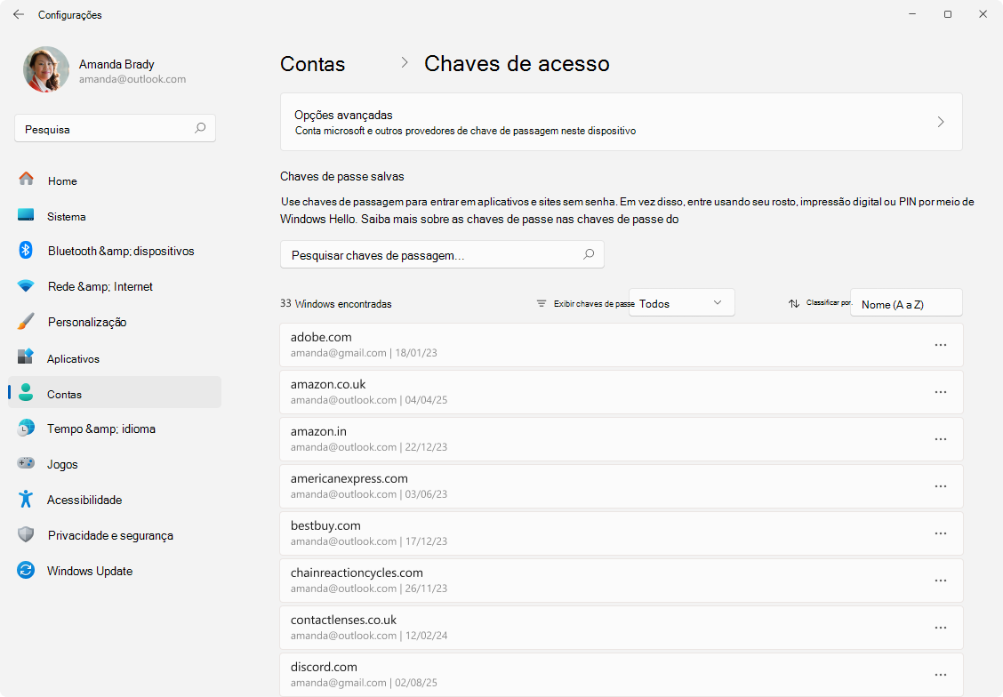 Captura de tela das Chaves de Passe de Configurações > .