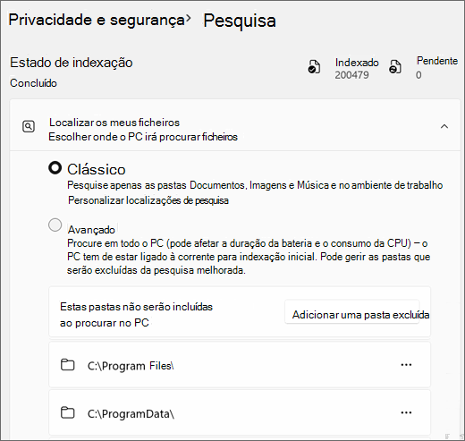 Captura de tela mostrando as Configurações de Pesquisa do Windows.