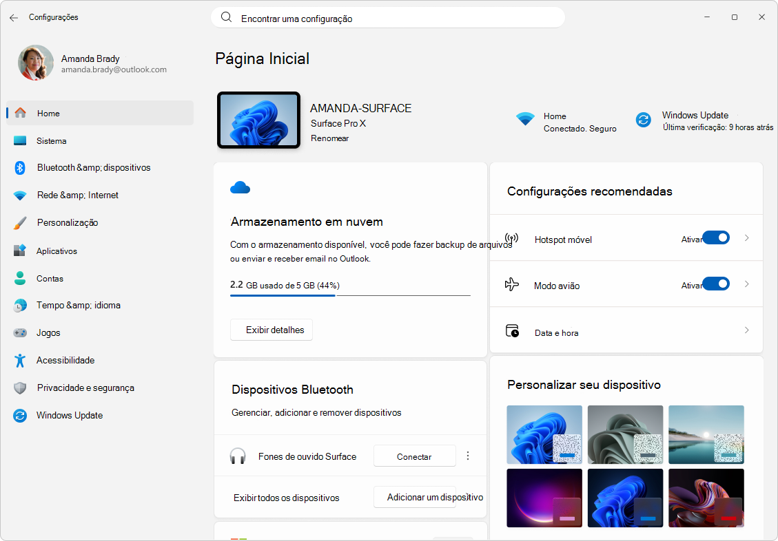 Captura de tela de Configurações.