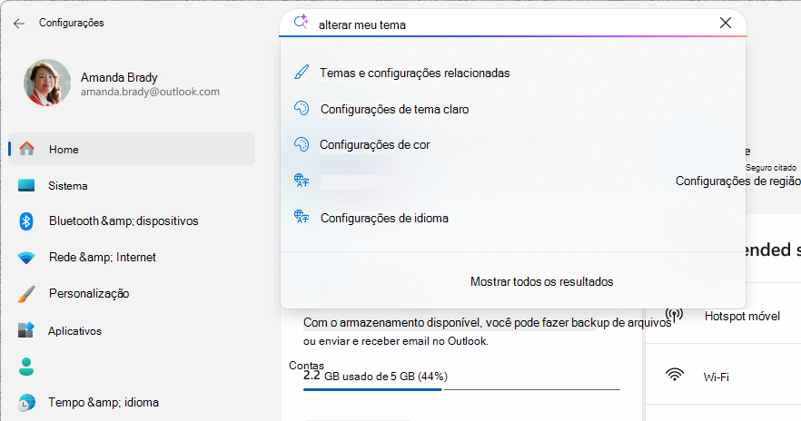 Captura de tela de uma pesquisa nas configurações.