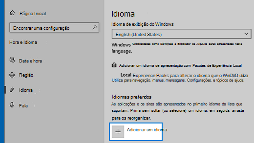 Configurações de idioma no Windows 10