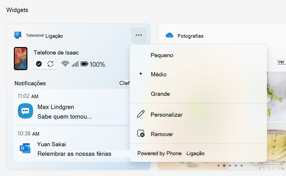 Menu do widget Vincular ao Celular exibindo as opções de tamanho, personalizar, remover e Vincular ao Celular.