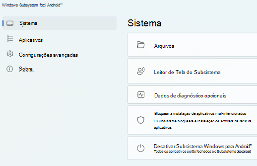 Mostra a página principal de Subsistema Windows para Android (TM).