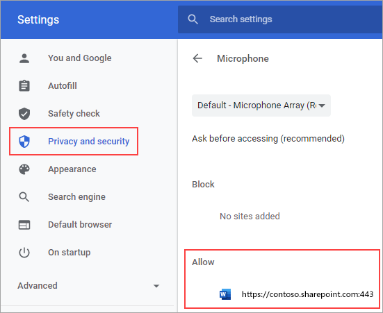Página de configurações de permissões de microfone para Chrome