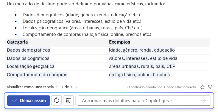 Captura de tela do Copilot no Word mostrando o recurso texto para tabela