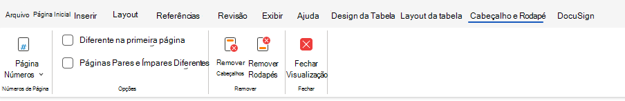Opções de cabeçalho e rodapé na faixa de opções