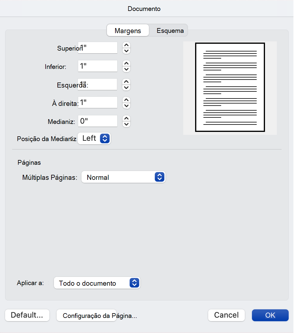 Configurações de margens