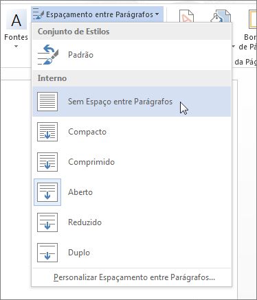 Sem Espaço entre Parágrafos no menu Espaçamento entre Parágrafos
