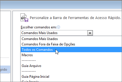 Personalizar o menu Escolher comandos da Barra de Ferramentas de Acesso Rápido