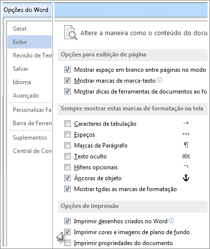 A caixa de seleção Imprimir cores e imagens de plano de fundo na caixa de diálogo de opções do Word