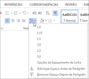 Captura de tela da guia Página Inicial no Word, mostrando o menu Espaçamento entre Linhas e Parágrafos.
