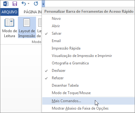 Menu da Barra de Ferramentas de Acesso Rápido