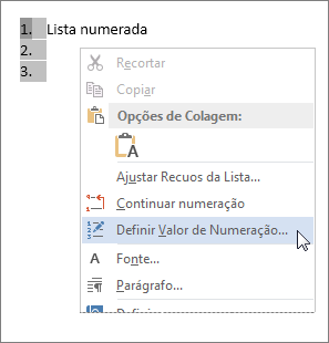 Definir o valor da numeração no menu de atalho