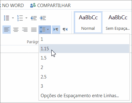 Espaçamento entre Linhas na guia Página Inicial