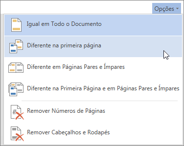 Menu de Opções de Cabeçalho e Rodapé no Word Online