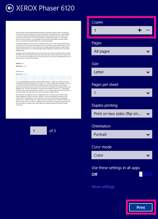 Opções da impressora do aplicativo Reader no Windows 8