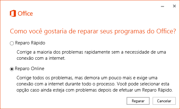A caixa de diálogo de Reparo do Office ao reparar o aplicativo de sincronização do OneDrive for Business