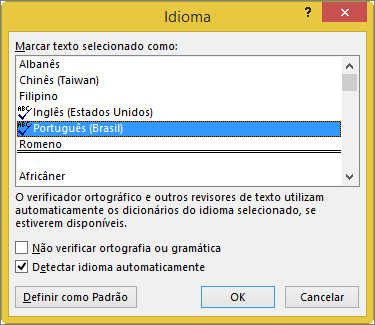 Caixa de diálogo Idioma