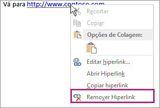 Menu do botão direito do mouse, Remover Hiperlink