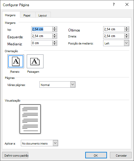 Definir margens personalizadas na guia Margens da Configuração de Página