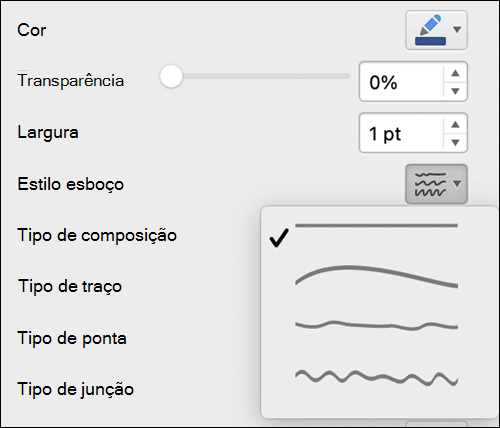 Opções de formato de linha no Mac com estilo de esboço selecionado