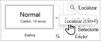 Captura de tela mostrando o comando Localizar na guia Página Inicial no Word para a Web.