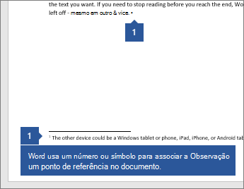 O Word usa um número ou símbolo para associar a anotação a um ponto de referência no documento