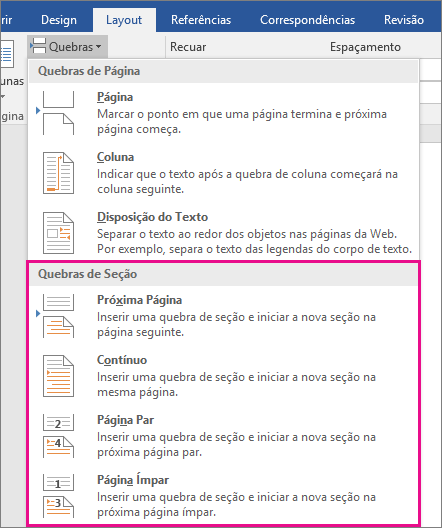 Os tipos de quebras de seção são destacados na guia Layout.