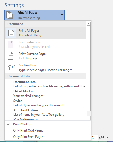 Captura de tela do painel Imprimir com o menu Imprimir Todas as Páginas expandido para mostrar as opções adicionais.