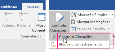 Quando você clica no botão Controlar Alterações, as opções disponíveis são realçadas