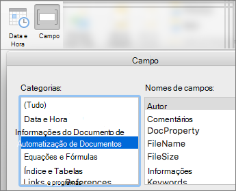 Captura de ecrã que mostra os códigos de campo filtrados pela categoria Informações do Documento